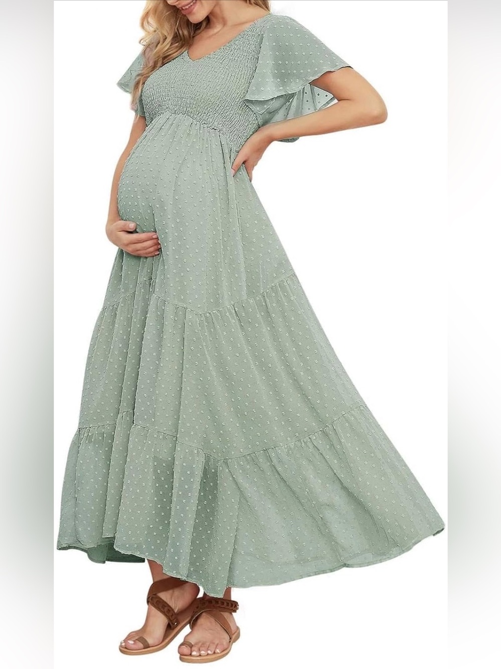 Swiss Dot Smocked Maternity Dress, Flowy Ruffle Empire Waist Tiered Dress